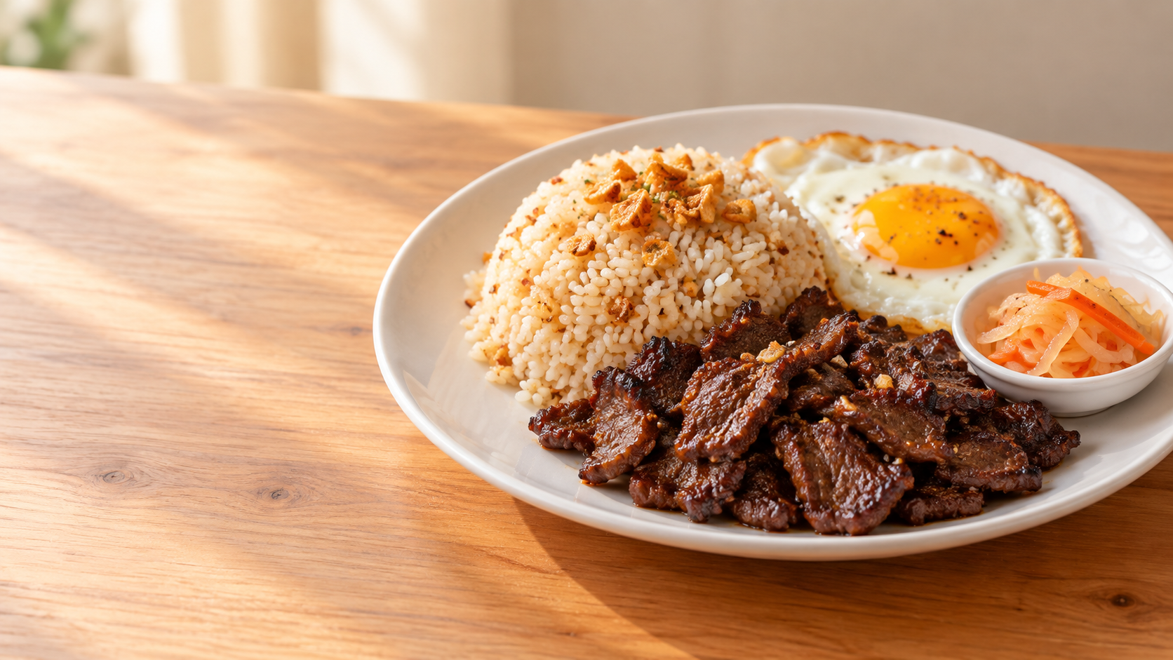 Illustration of a silog plate with garlic rice, a fried egg and grilled meat.